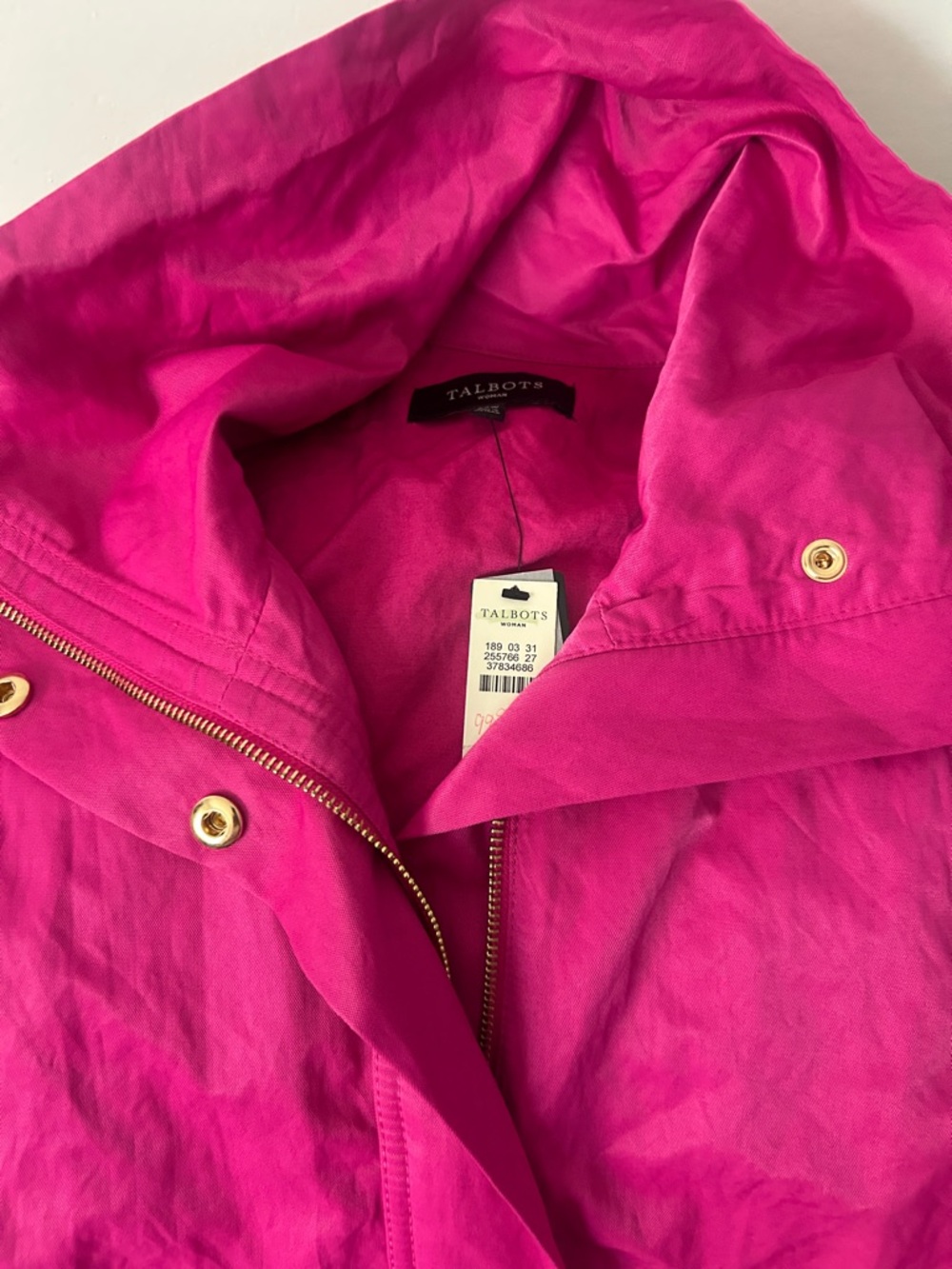 Talbots Hot Pink Hooded Utility Jacket with Gold Hardware